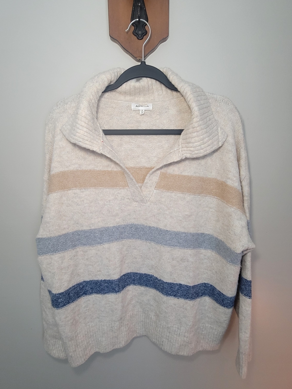 ADORA Cream Collared Pullover with Blue and Beige Stripes Size M